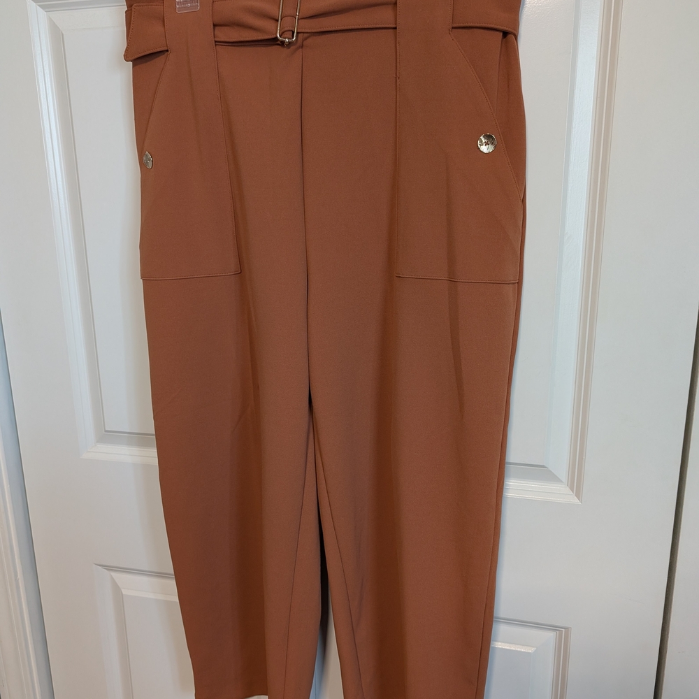 burnt orange crop Trousers with Belted Waist and Straight Leg
